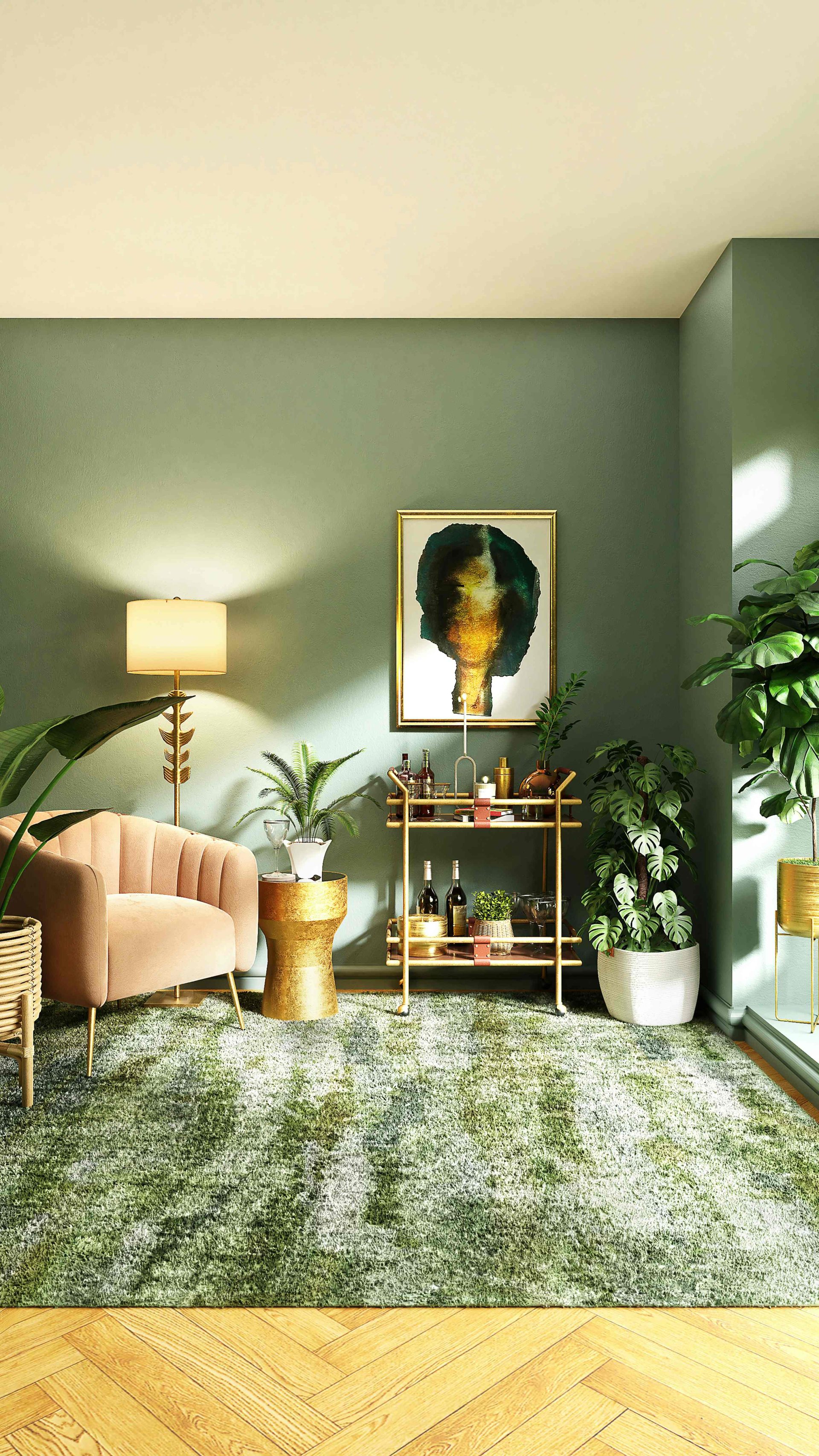 Sala elegante con plantas verdes