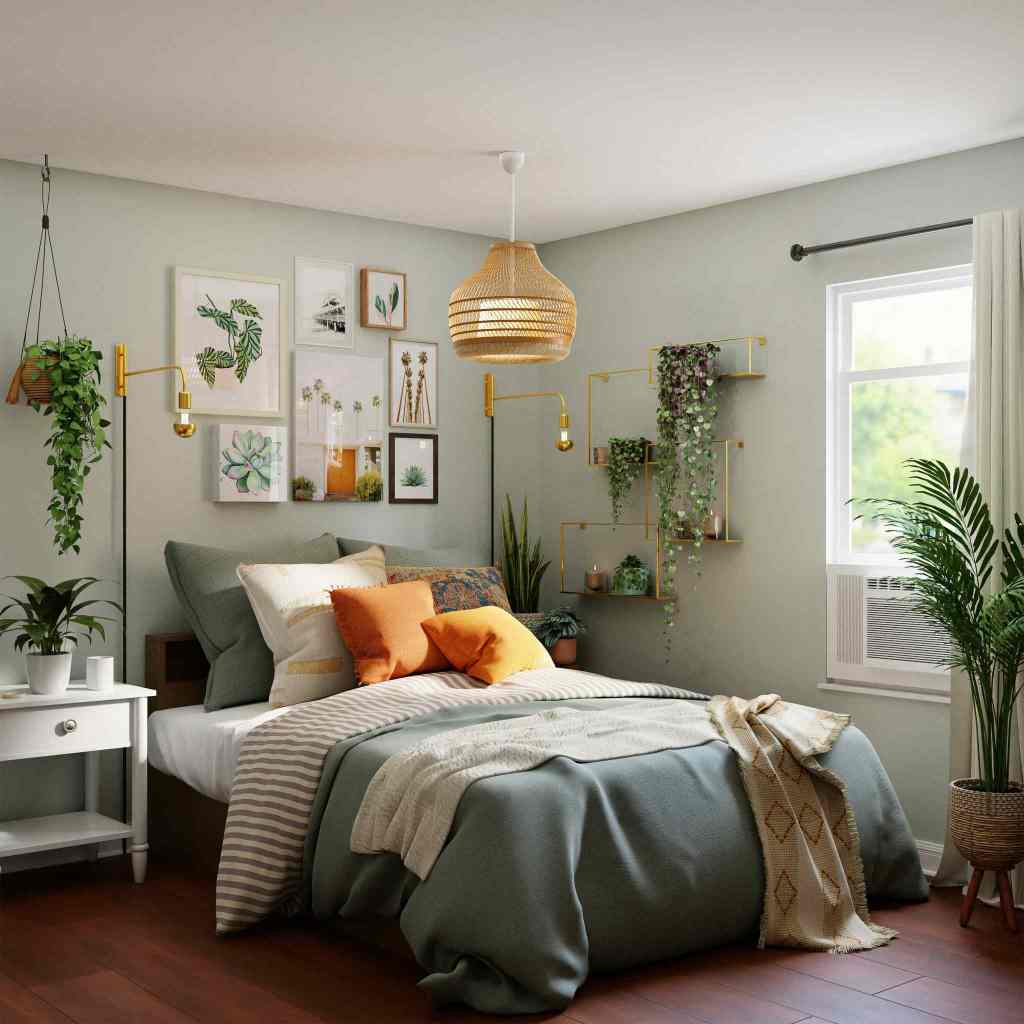 Habitación moderna con cama y plantas colgantes